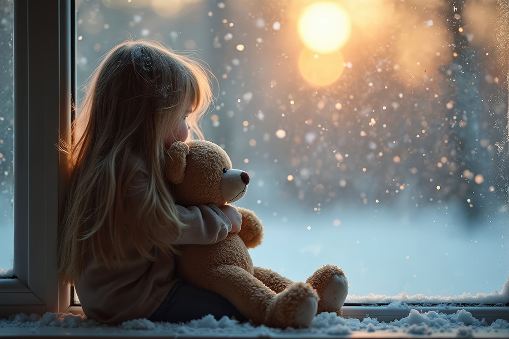 Mädchen mit Teddy in der Hand sitzt am Fenster vor verschneiter Landschaft im Sonnenuntergang