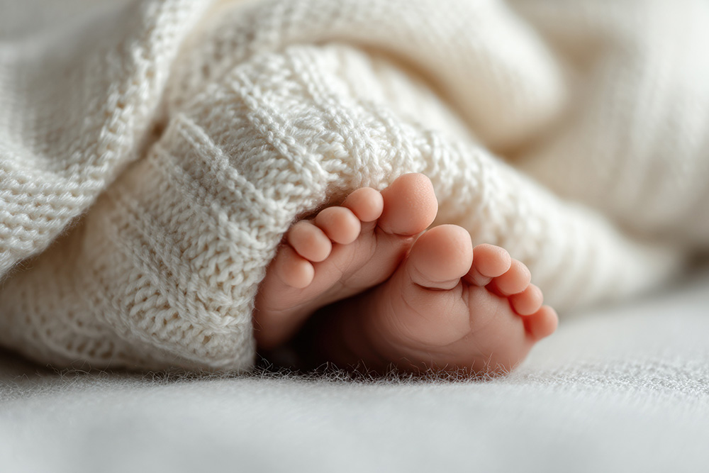 Kinderfüße schauen unter einer warmen Decke hervor